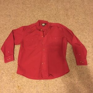 Red Cabela’s button up shirt.